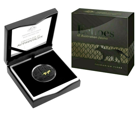 Australia 2019 $5 Gold Plated Black Proof Echoes of Australian Fauna - Tasmanian Tiger Thylacine Box and Case
