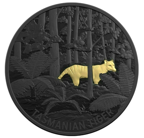 Australia 2019 $5 Gold Plated Black Proof Echoes of Australian Fauna: Tasmanian Tiger Thylacine Reverse