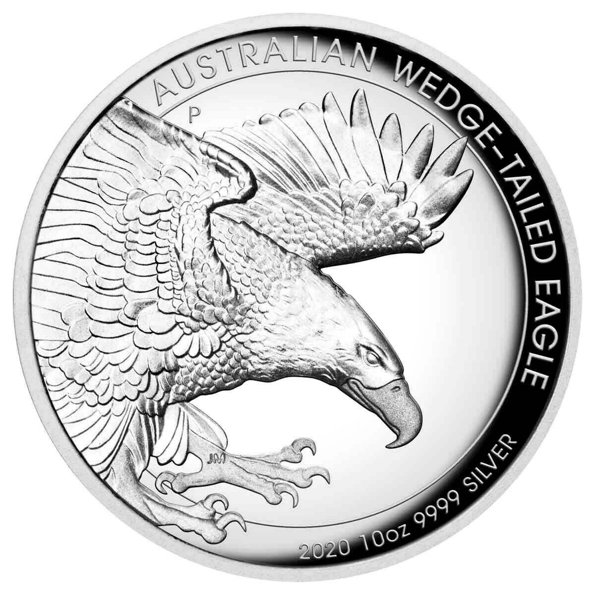 An image of a silver coin featuring a Wedge-tailed Eagle design, with the text 'Australian Wedge Tail Eagle' and '10 OZ 999 SILVER'.