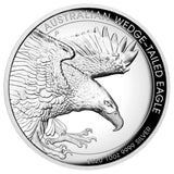 An image of a silver coin featuring a Wedge-tailed Eagle design, with the text 'Australian Wedge Tail Eagle' and '10 OZ 999 SILVER'.