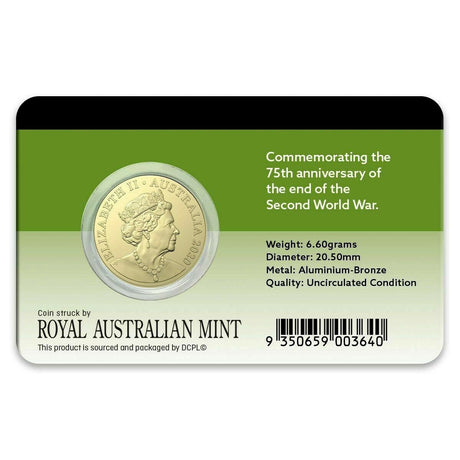 Back of the 2020 $2 WWII 75th Anniversary coin pack, showing Queen Elizabeth II, coin specifications and Royal Australian Mint attribution.