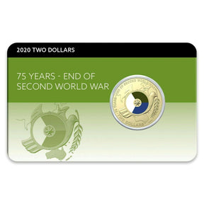Front of Australia’s 2020 $2 WWII 75th Anniversary coin pack, showing the coloured dove design mounted on a green commemorative card.