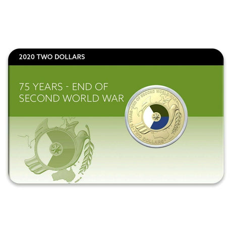 Front of Australia’s 2020 $2 WWII 75th Anniversary coin pack, showing the coloured dove design mounted on a green commemorative card.