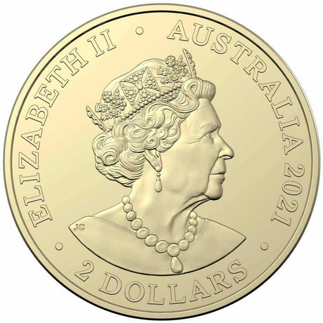Obverse of Australia’s 2021 $2 coin, featuring Queen Elizabeth II and the inscriptions Australia 2021 and 2 Dollars.
