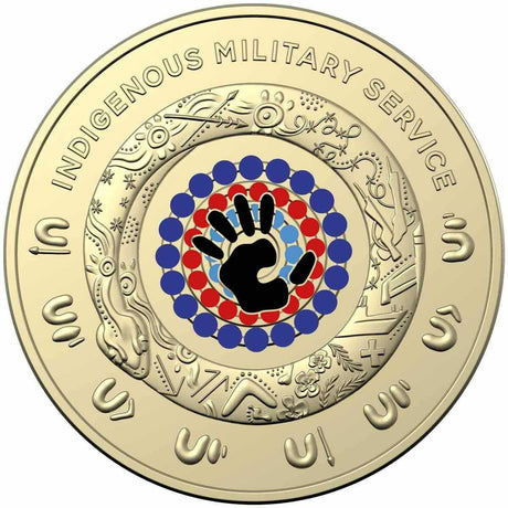 Reverse of Australia’s 2021 $2 Indigenous Military Service coin, featuring a black handprint, coloured dots and surrounding engraved motifs.