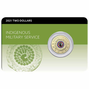 Front of Australia’s 2021 $2 Indigenous Military Service coin pack, showing the coloured handprint design mounted on a green commemorative card.