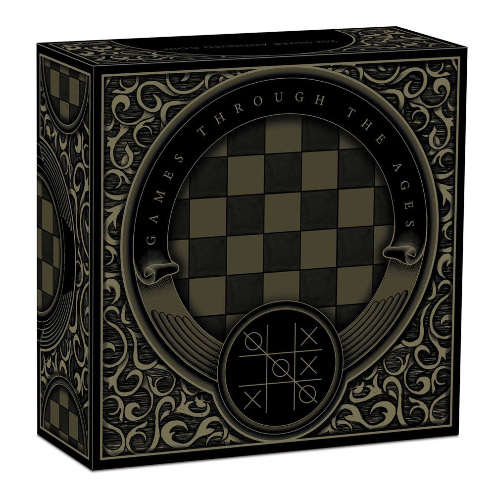 The official outer packaging box for the 2022 Games Through the Ages 2oz silver coin. The front of the embossed duo toned square box features a stylized, classic playing board for chess within a circle with the title 'GAMES THROUGH THE AGES' printed clearly around the top half of it.