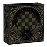 The official outer packaging box for the 2022 Games Through the Ages 2oz silver coin. The front of the embossed duo toned square box features a stylized, classic playing board for chess within a circle with the title 'GAMES THROUGH THE AGES' printed clearly around the top half of it.