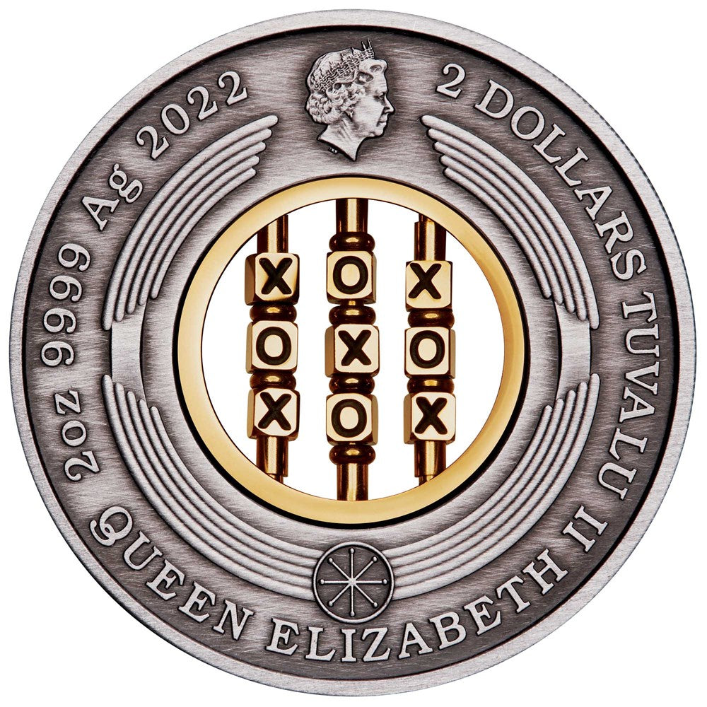 The antiqued silver obverse of the 2022 Tuvalu $2 coin. It features the right-facing profile of Queen Elizabeth II designed by Ian Rank-Broadley. Surrounding the portrait are a stylized circular matrix pattern and inscriptions detailing the monarch's name, monetary denomination, year-date, weight, and silver purity.