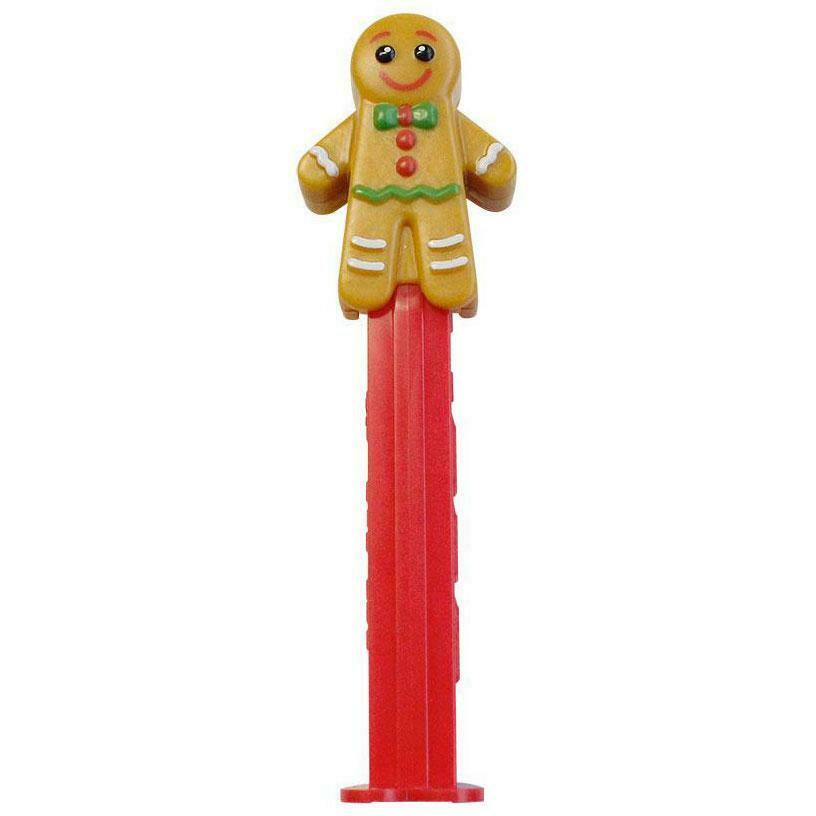 Dispenser: Gingerbread Man PEZ dispenser with green bow tie, red buttons and red stem.