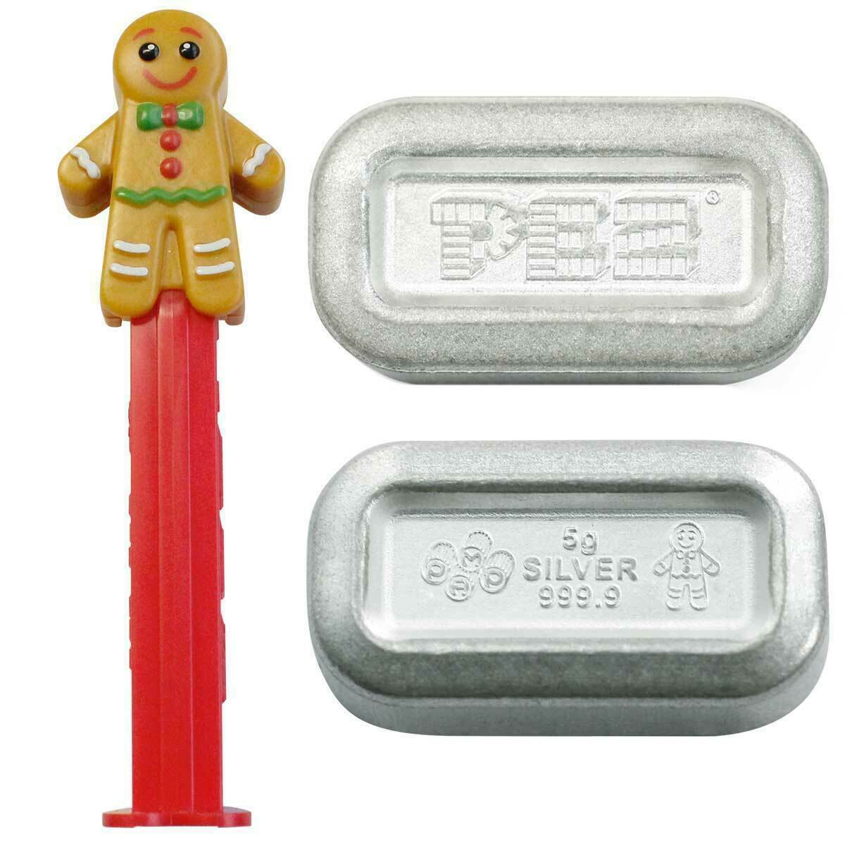 Design comparison: Gingerbread Man PEZ dispenser beside both sides of a 5 g silver wafer.