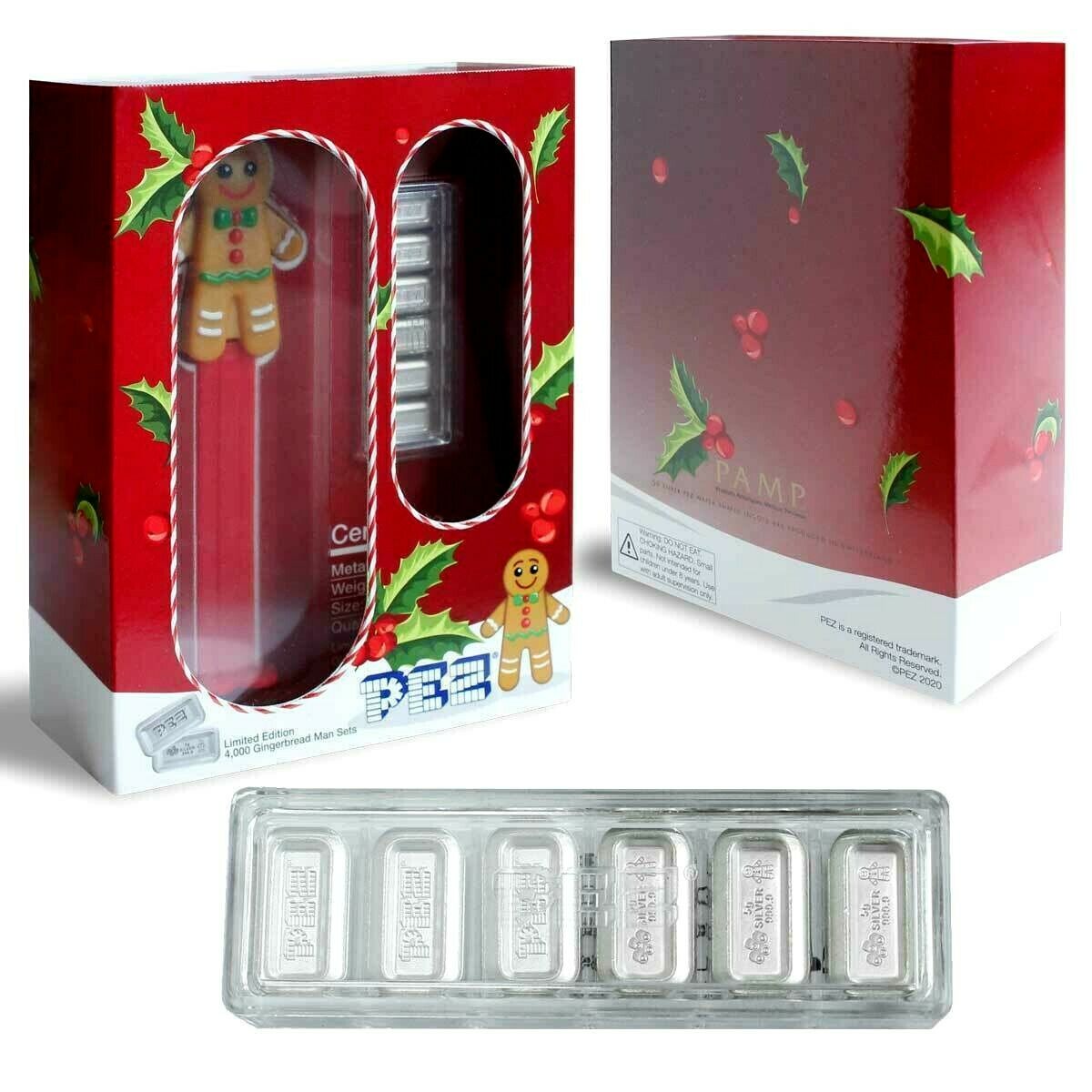 Set overview: Front and back of PEZ Gingerbread Man packaging with six silver wafers in a clear holder.
