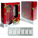 Set overview: Front and back of PEZ Gingerbread Man packaging with six silver wafers in a clear holder.