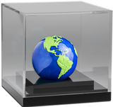 Display case: Blue Marble Green Planet Earth silver sphere coin in a transparent display case with a black base.