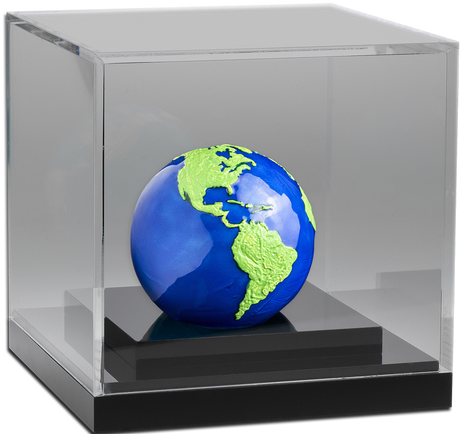 Display case: Blue Marble Green Planet Earth silver sphere coin in a transparent display case with a black base.