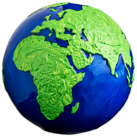 Africa and Europe: Green Africa, Europe and Asia on the blue enamelled surface of the Earth sphere coin.