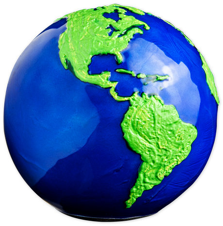Americas: Green North and South America in raised detail against the blue oceans of the silver sphere coin.