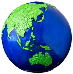 Asia and Australia: Blue Marble Green Planet Earth silver sphere coin showing green Asia and Australia against blue oceans.