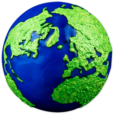 Polar view: Polar view of the Blue Marble silver globe, showing raised green landmasses and blue oceans.
