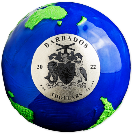 Obverse: Barbados coat of arms, 2022 date, five-dollar denomination and 3 oz Ag .999 inscription on the silver globe.