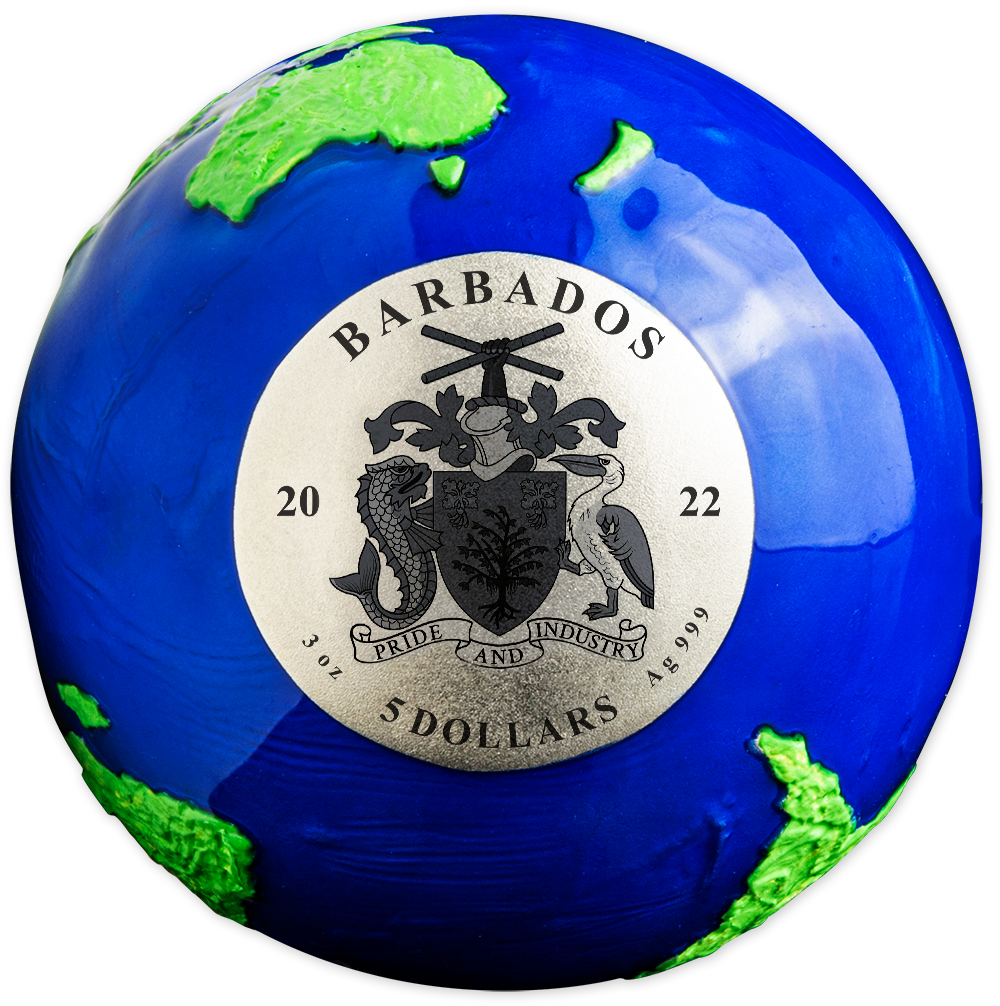 Barbados 2022 $5 Blue Marble Green Planet Earth 3oz Silver Coloured Sphere Coin