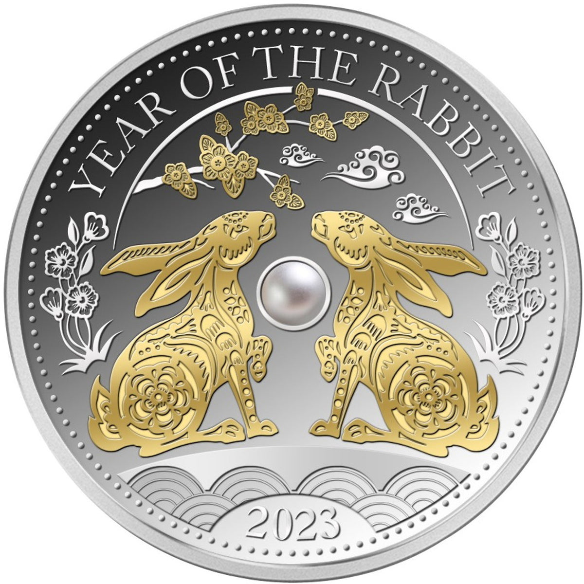 Fiji 2023 $10 Lunar Rabbit Pearl Insert Gold-plated 1oz Silver Proof Coin
