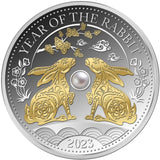 Fiji 2023 $10 Lunar Rabbit Pearl Insert Gold-plated 1oz Silver Proof Coin