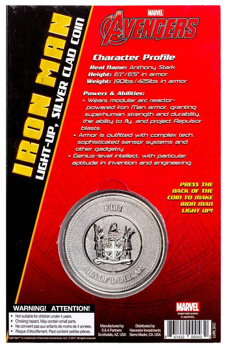 Packaging back: Rear of the Iron Man Marvel Light-Ups card showing the coin obverse, character profile and light-up instructions.