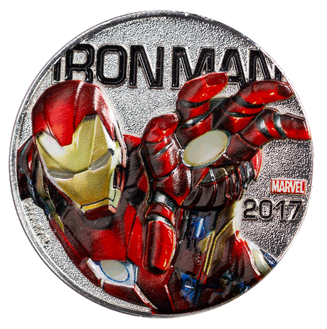 Fiji 2017 Iron Man 50-cent coin featuring coloured red-and-gold armour and an outstretched repulsor hand.