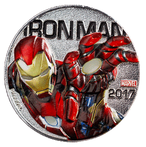  Coloured Iron Man design on the Fiji 2017 half-dollar coin, with Marvel logo and year inscription.