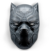 Fiji 2021 $2 Black Panther Mask 2oz Antiqued Silver Coin Perth Mint - A metallic black panther mask with intricate geometric engravings, displayed against a dark blue satin fabric background.Reverse