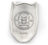Fiji 2021 $2 Black Panther Mask 2oz Antiqued Silver Coin Perth Mint - A shield-shaped silver coin featuring the Fiji 2021 5 Dollars emblem, displayed on a rich red satin fabric background. The coin is made of silver with a brushed finish and a raised central seal.Obverse