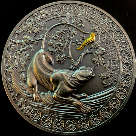 Ghana 2022 10 Cedis Panther Hunting in the Wild Selectively Gilded 2 oz .999 Antique Silver Coin