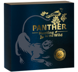 Ghana 2022 10 Cedis Panther Hunting in the Wild Selectively Gilded 2 oz .999 Antique Silver Coin Box