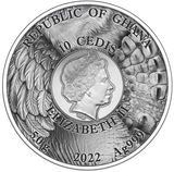 Ghana 2022 10 Cedis Panther Hunting in the Wild Selectively Gilded 2 oz .999 Antique Silver Coin Obverse