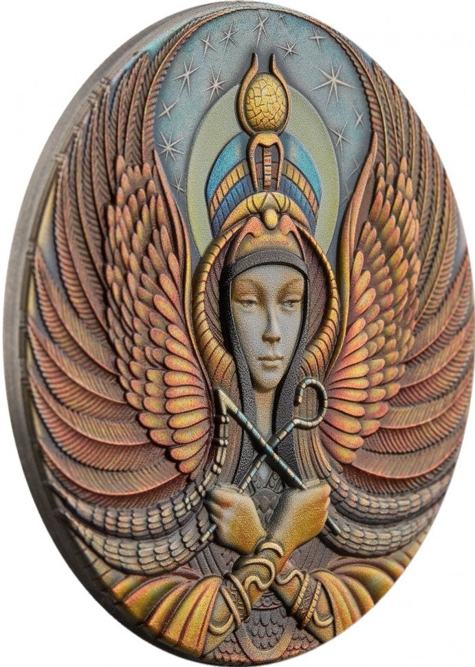 Niue 2022 $5 Women: Isis Wings 2 Oz Colourised Antiqued Silver Coin
