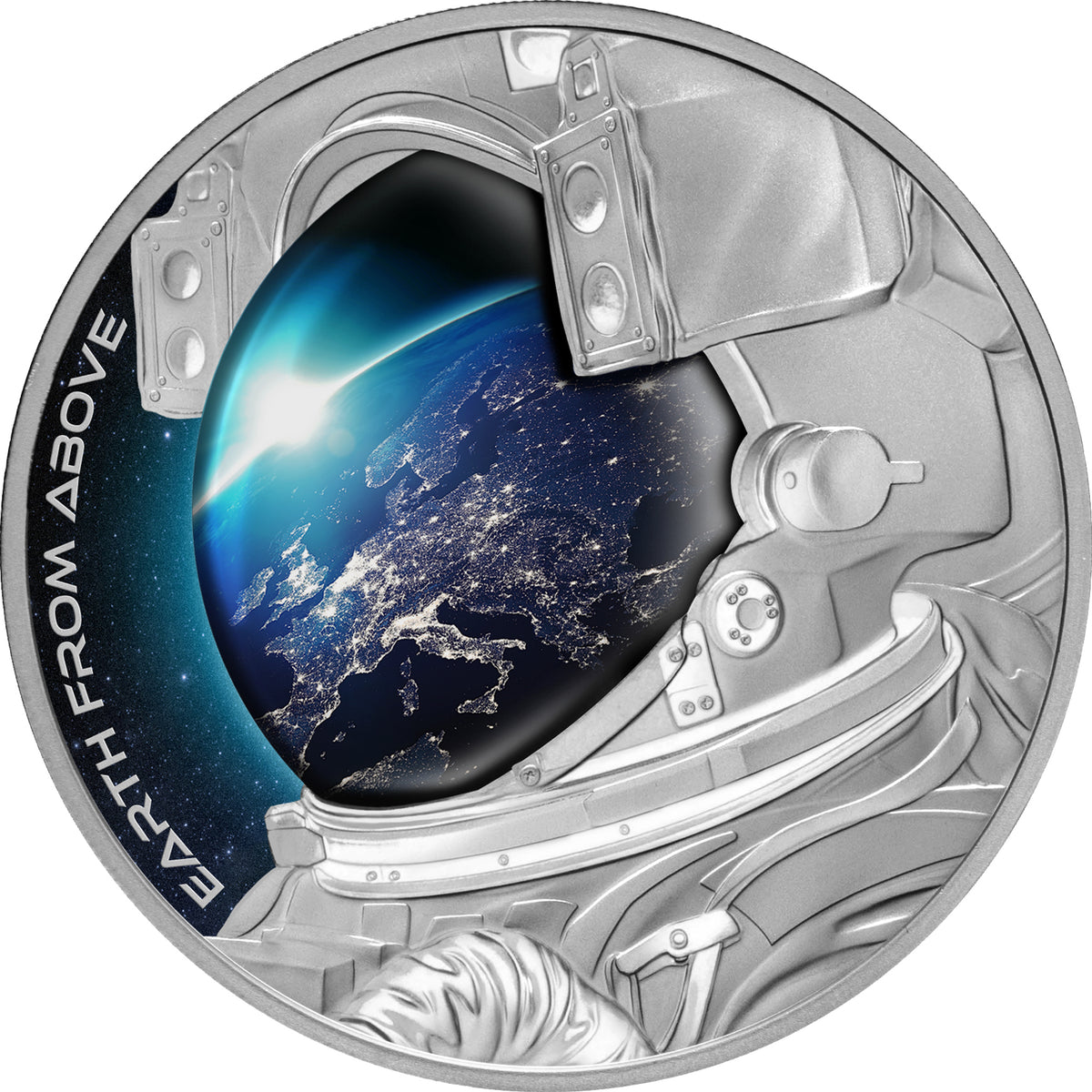 A silver proof coin with an astronaut's helmet design reflecting the Earth from space.