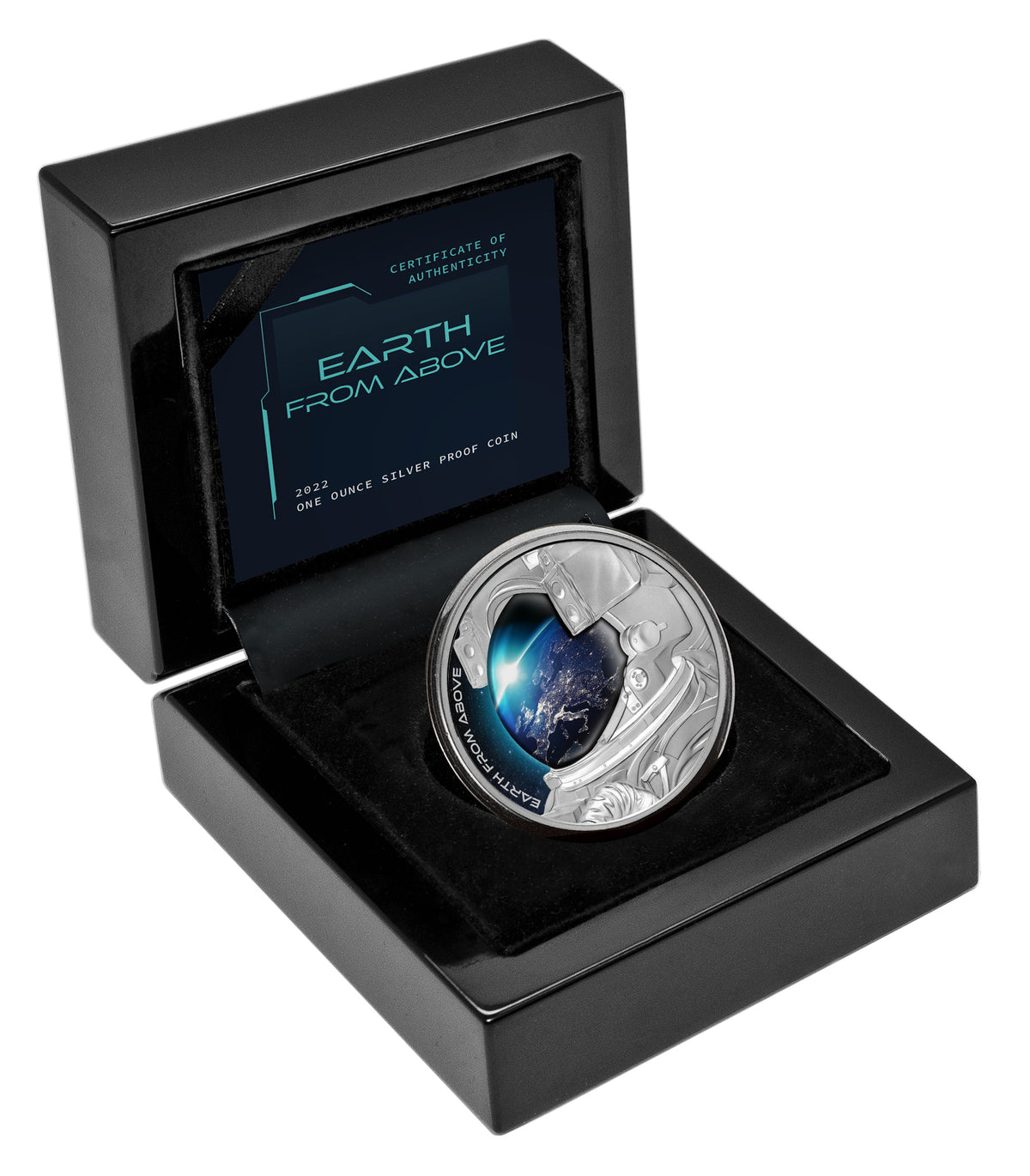 Niue 2022 Earth From Above silver proof coin showing Earth reflected in an astronaut’s visor sitting in it's open black laquer case.