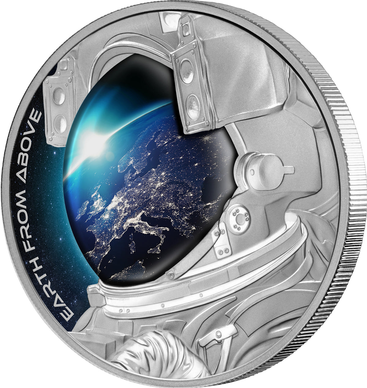 Niue 2022 Earth From Above silver proof coin showing Earth reflected in an astronaut’s visor. Coin is facing to the left on an angle showing the reeded Rim.