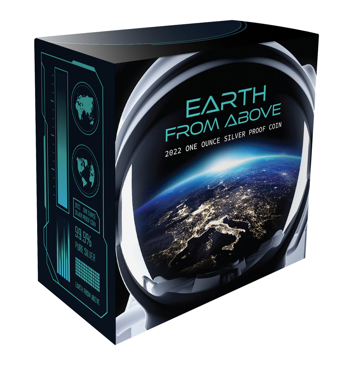 Coloured Shipper of EARTH FROM ABOVE 2022 $1 1oz .999 Silver Coin facing to the right. The sun is visible from Space rising over the planet Earth reflected in the visor of a space helmut. Text above the sun states: EARTH FROM ABOVE in turquoise text. Below this text it says 1OZ SILVER PROOF COIN in smaller size and in white text.