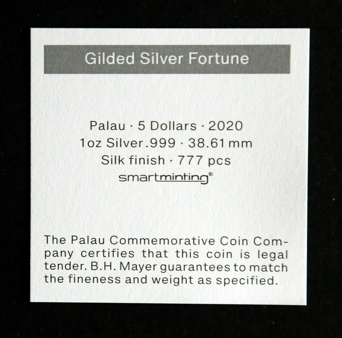 Gilded Silver Fortune certificate listing Palau 2020, five dollars, 1 oz .999 silver, 38.61 mm, silk finish and mintage of 777.