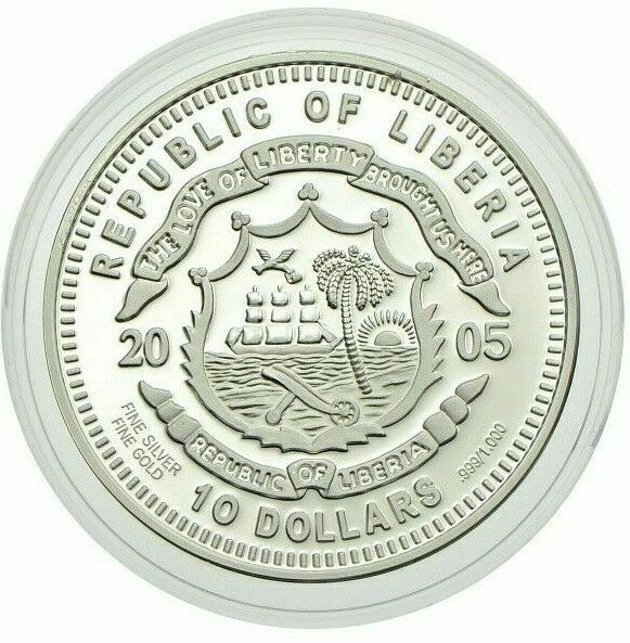 Liberia 2005 $10 Proof Spain Iberian Lynx Gold Plated Silver Diamond Eyes