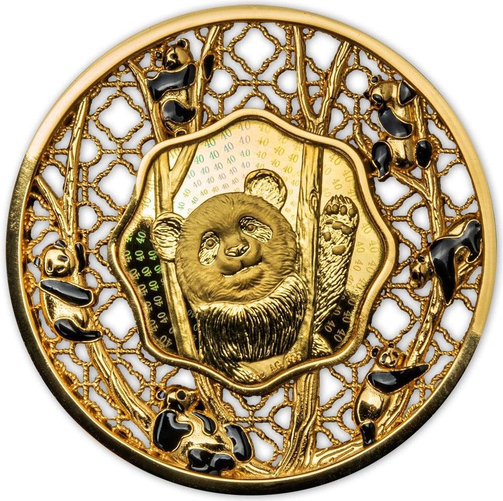 Solomon Islands 2022 $5 Panda Filigree 2oz Gold Plated Silver Proof-like Coin