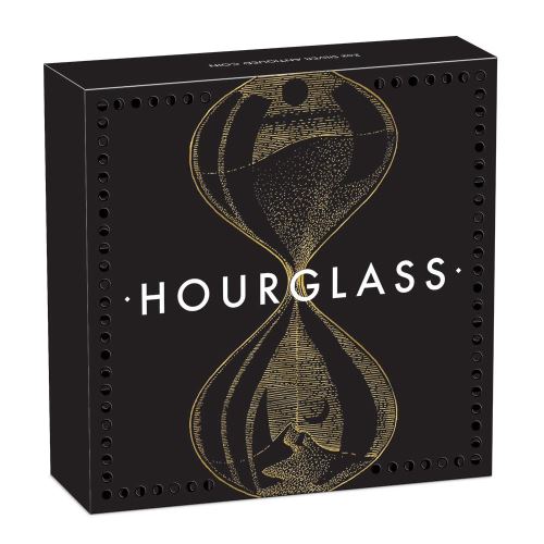 A Black Box with White overprint: HOURGLASS and a tan grainy depiction of an hourglass.