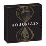 A Black Box with White overprint: HOURGLASS and a tan grainy depiction of an hourglass.