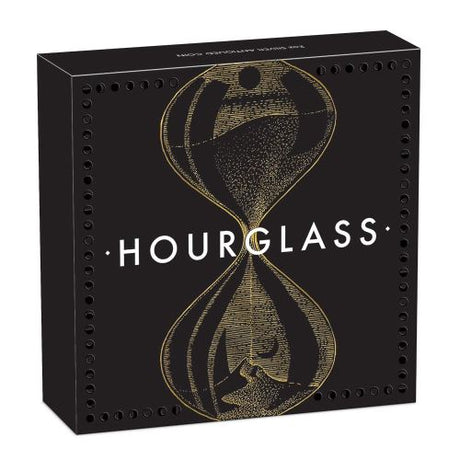 A Black Box with White overprint: HOURGLASS and a tan grainy depiction of an hourglass.