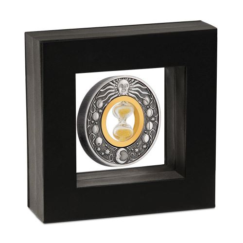 A thick Black bordered Display Case with transparent Latex which keeps the coin suspended in space. Reverse of Coin is on display.
