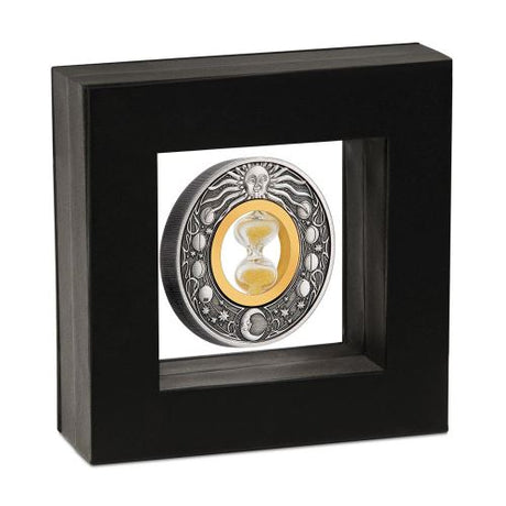 A thick Black bordered Display Case with transparent Latex which keeps the coin suspended in space. Reverse of Coin is on display.