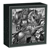 Tuvalu 2021 $5 Zhao Yun 5oz Antiqued Silver Coin Box. The Box is Black and shows a metallic Silver Warrior at War.