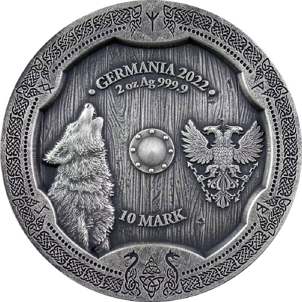 Germania Mint 2022 10 Mark Hildegard Valkyries 2 oz Pure Silver Antique Finish UHR Coin